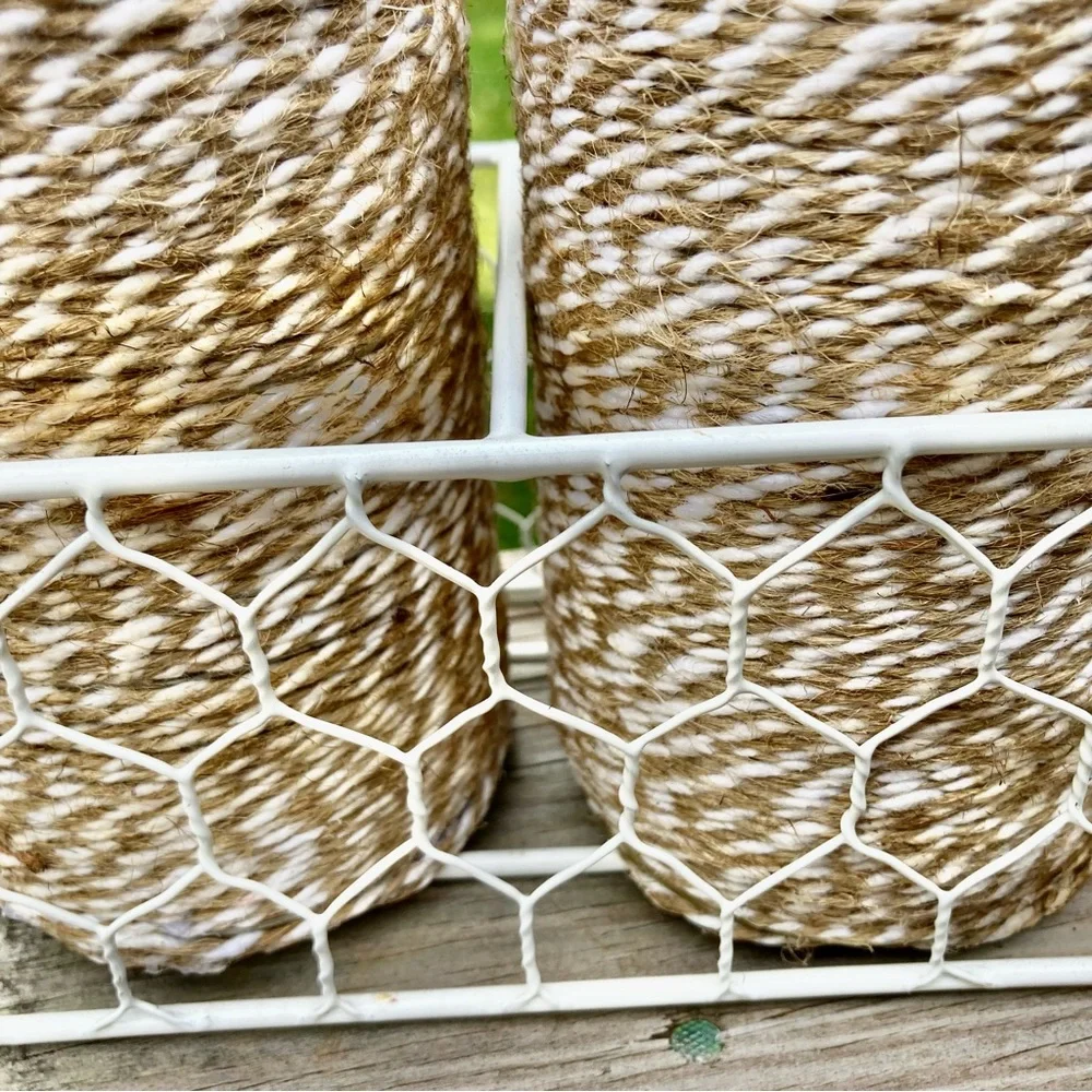 Farmhouse Shabby Chic Chicken Wire Basket Caddy Server 3 Twine Wrapped Cans